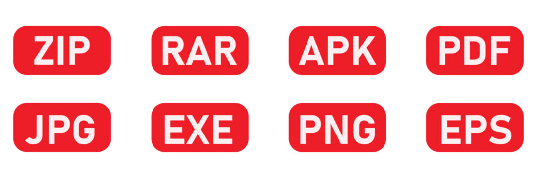 Red and white digital file format icons collection including popular extensions like ZIP RAR APK PDF JPG EXE PNG and EPS for technology designs