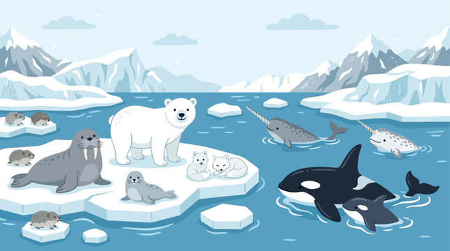 UntitledArctic Wildlife Scene &ndash; Polar Animals on Ice Floes, North Pole Nature Landscape Illustration