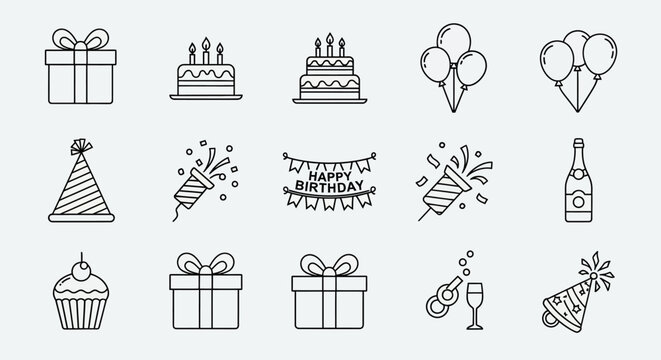 Birthday celebration icons and symbols.