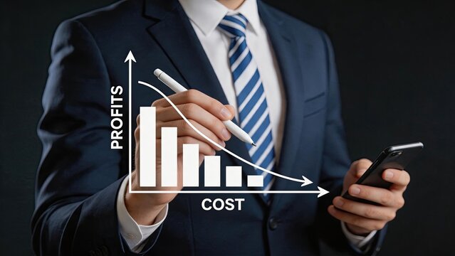 Businessman analyzing financial data on smartphone with holographic profit and cost graph, economic downturn visualization, budget reduction strategy, corporate finance planning,