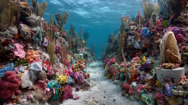 Underwater Scene Showing Colorful Marine Life Surrounded by Plastic Waste