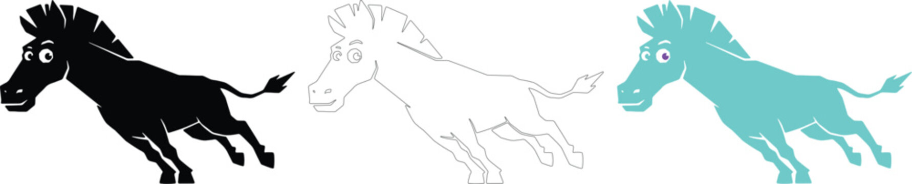 Funny cartoon donkey running vector set with silhouette and outline line art asset