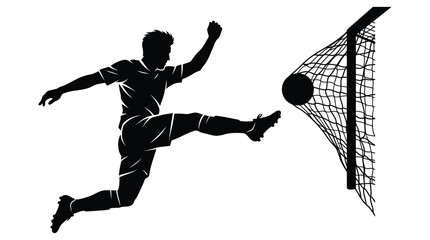 Soccer player silhouette kicking ball towards goal white background © munna