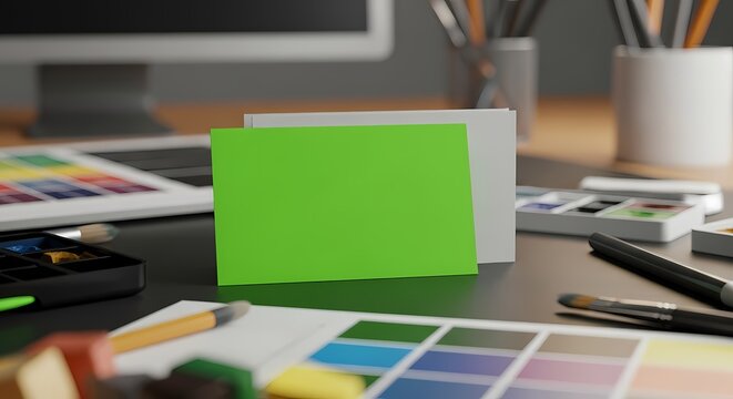 Creative workspace with color palettes, brushes and blank green card