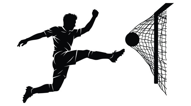 Soccer player silhouette kicking ball towards goal white background