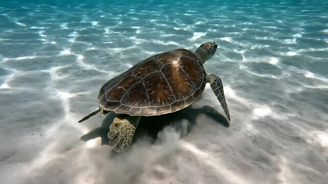 Underwater Scene of a Sea Turtle Swimming Over Sandy Seabed.