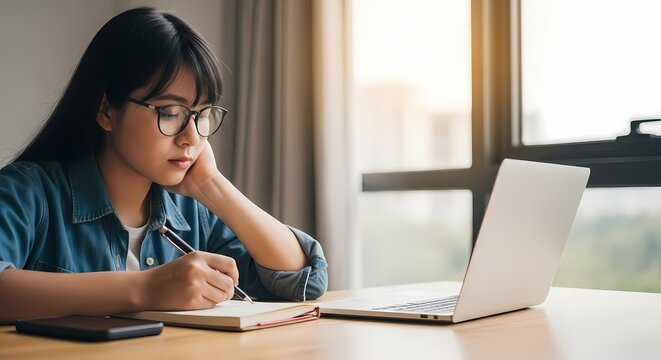Young woman in glasses studying, writing notes on laptop at home office.