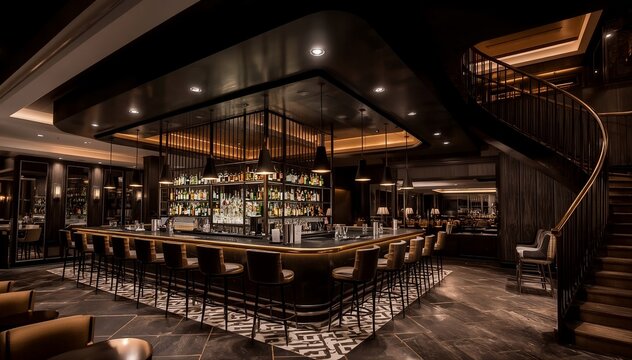Luxury hotel bar interior with elegant modern counter dark wood design and spiral staircase