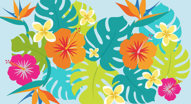 Vibrant Tropical Floral Pattern: Hibiscus, Strelitzia, Monstera Leaves
