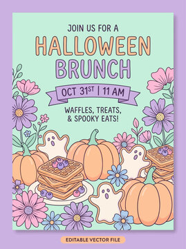 A Halloween themed brunch invitation with pumpkins, ghosts, and flowers on a table.