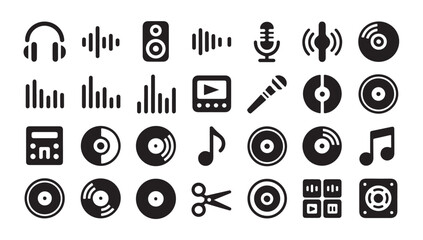 Set of black audio and music related icons on white background vector. © Ripon