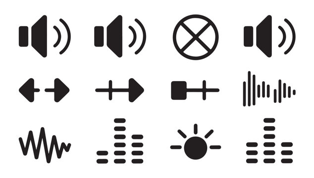Group of audio setting icons featuring volume speakers waves and equalizer elements set.