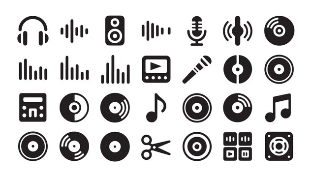 Set of black audio and music related icons on white background vector.