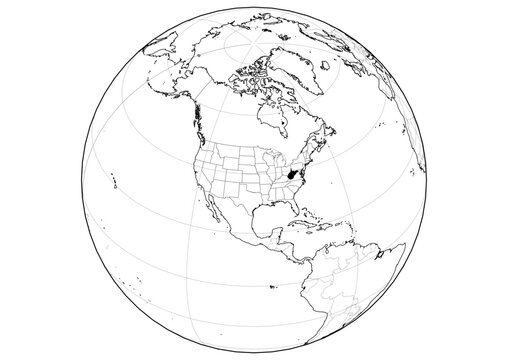West Virginia US State Highlighted on 3D Orthographic World Globe Transparent 1-Bit Vector A4 Cartography Poster Design