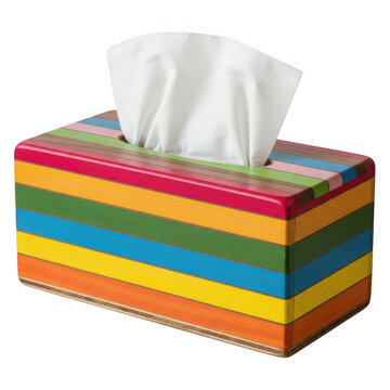 Colorful tissue box with rainbow stripes and white tissues