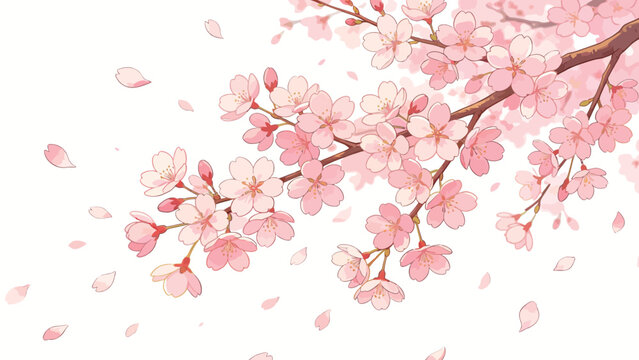 Delicate Anime-Style Illustration of Flowering Cherry Blossom Branch with Falling Sakura Petals, Soft Pastel Pink Gentle Spring Aesthetic Over Clean White Background