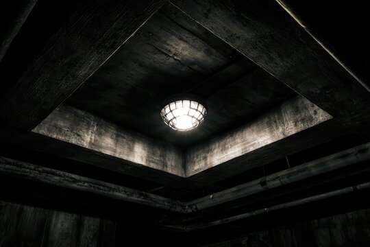Industrial bulkhead lamp glowing in a dark concrete ceiling within a brutalist underground bunker for architectural design and film marketing
