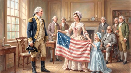 Colonial american family and founding fathers with american flag in a historic room with wooden furniture and large window