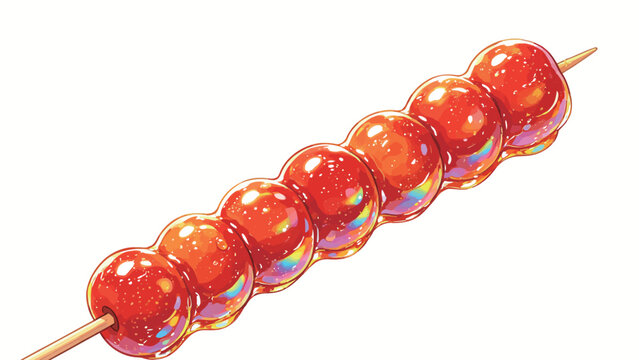 Detailed Stylized Digital Food Illustration of Glossy Iridescent Candied Hawthorn Tanghulu Skewer on Clean White Background