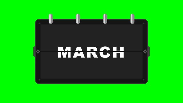 Flip Calendar Animation Showing Months February March April on Green Screen Background.