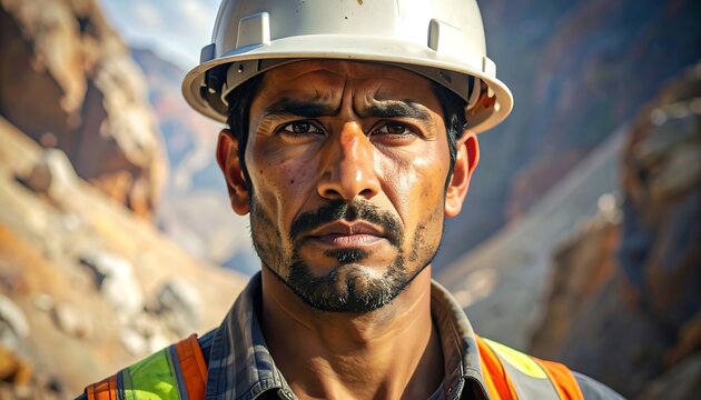 Close-up of a rugged man in a hard hat and safety vest, looking directly at the viewer with a serious expression