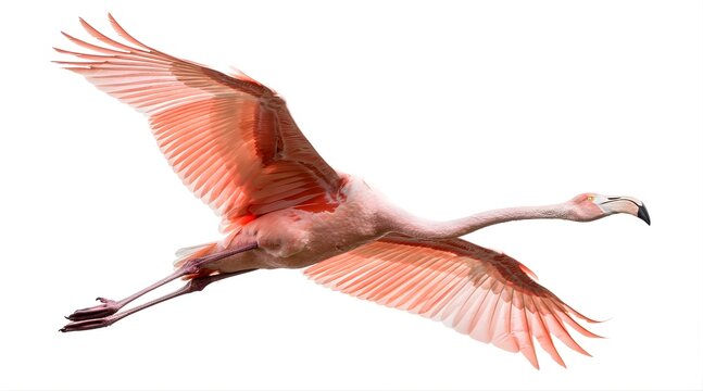 Graceful pink flamingo in flight against a clean white background.