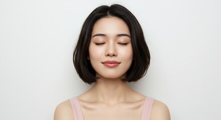 Fototapeta premium 明るい背景と柔らかな光が特徴の若いアジア人女性が穏やかに目を閉じ静かに微笑む心安らぐ瞬間. AI Generated