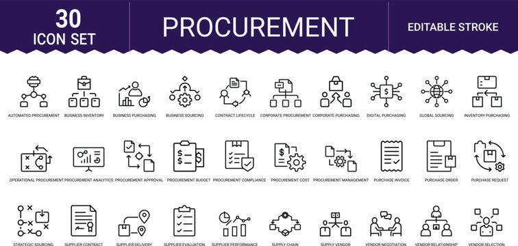 Procurement supply chain line art icons set, purchase order, vendor selection, supplier contract, supply chain, procurement budget, global sourcing, vendor negotiation, purchase invoice, Web icon, App