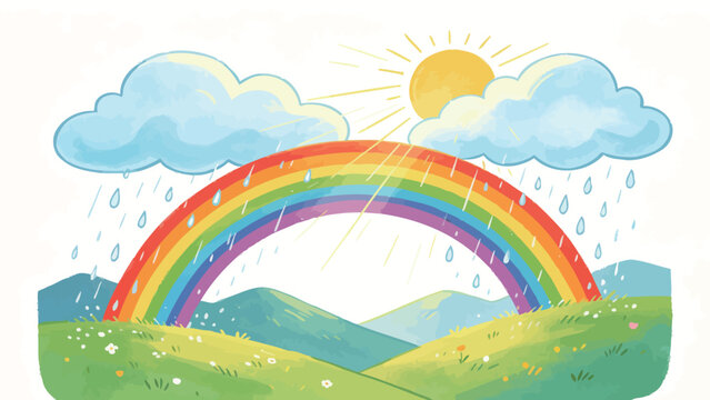 Whimsical Soft Hand-Drawn Illustration of a Sunshower Rainbow Arching Over Rolling Green Hills, Sun Peeking Between Raining Fluffy Clouds, Cheerful Childlike Pastoral Style