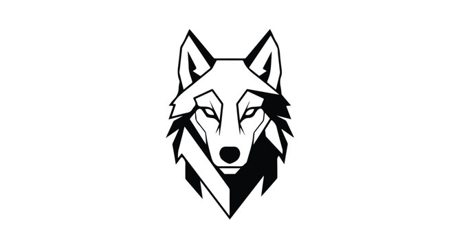 Stylized wolf head illustration in black and white with sharp lines and geometric shapes on a plain background