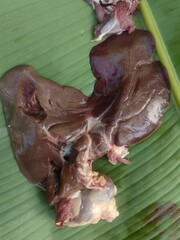 liver of a cow on green banana leaves © zainun