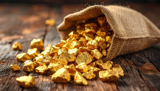 Close-up of raw gold nuggets spilling from a burlap sack onto a rustic wooden surface.