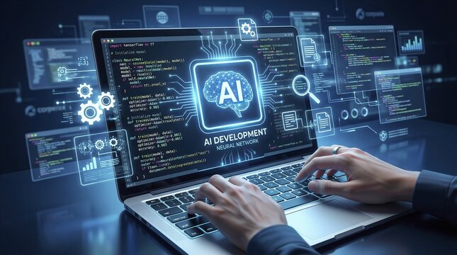 Artificial Intelligence concept on laptop screen with glowing brain icon and code