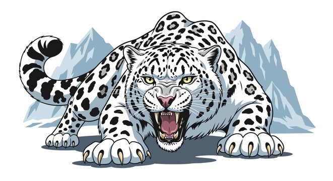 Snow Leopard Crouching Aggressively in Snowy Mountains