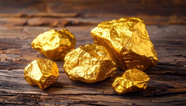 Golden nuggets gleam on rough wooden surface. Light catches every irregular edge and curve
