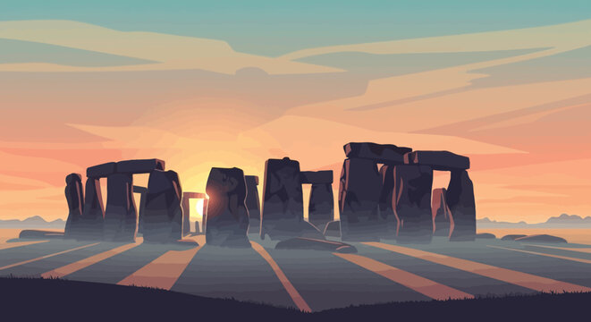 Stonehenge Ancient Monument at Sunrise, Dramatic Sky and Long Shadows