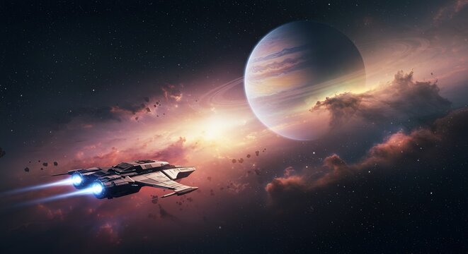 壮大な宇宙空間を飛翔する未来の宇宙船 鮮やかなエンジン光が神秘的な惑星と星雲を照らす. AI Generated