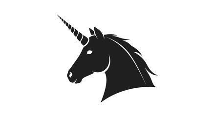 Black Unicorn Silhouette Head Profile on White Background, Mythical Creature © heri