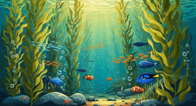 Vibrant Underwater Kelp Forest with Colorful Fish and Sun Rays