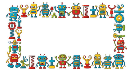 Obraz premium Cute Robot Border Frame - Fun Cartoon Characters and Gears