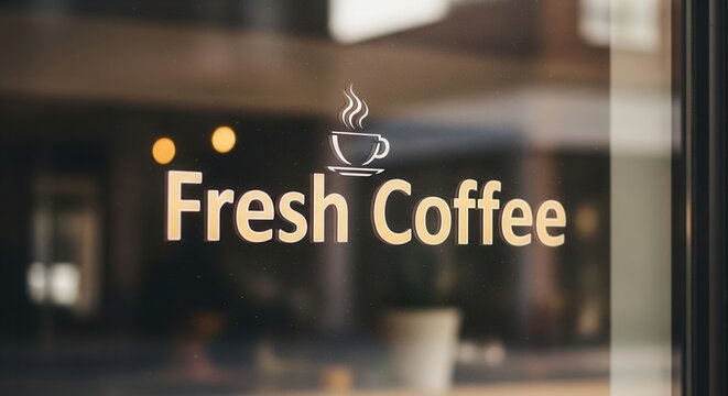 Fresh Coffee sign sticker on a transparent glass window of a modern cafe.