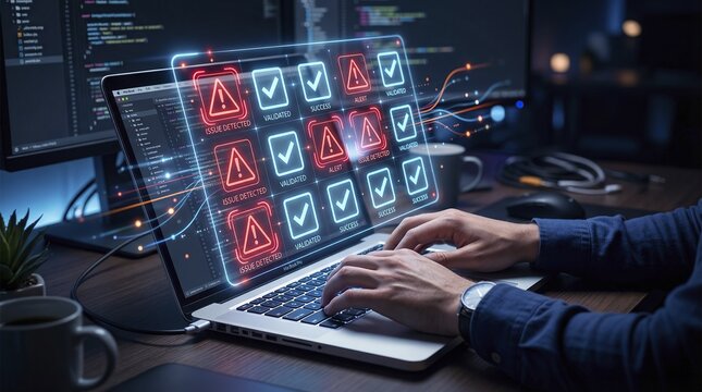 Cybersecurity Analyst Working on Laptop with Digital Security Alerts and Data Visualization