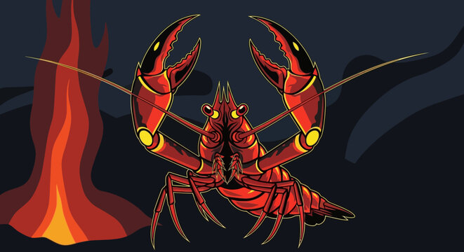 Scary Red Lobster Monster with Giant Claws, Dark Background, Fire Element