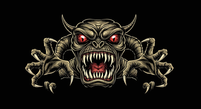 Scary Demon Monster with Glowing Red Eyes and Sharp Teeth, Horror Illustration