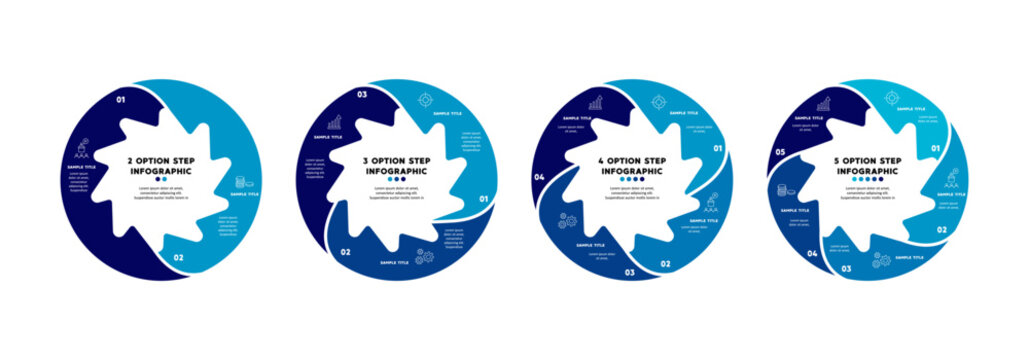 Circle chart vector infographic set, with 2, 3, 4, and 5 step options for presentation templates or business reports. Venn diagram infographic. Editable vector illustration.