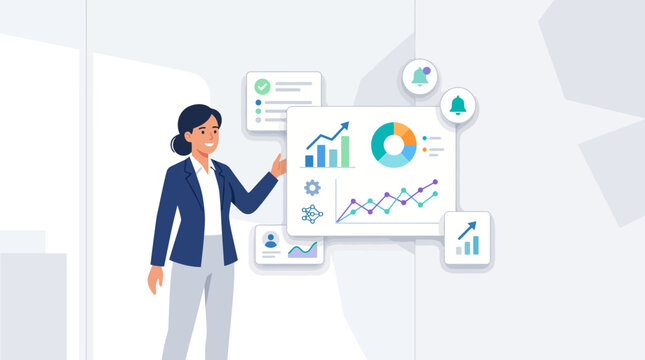 Female manager interacting with floating data analytics dashboard interface vector illustration.
