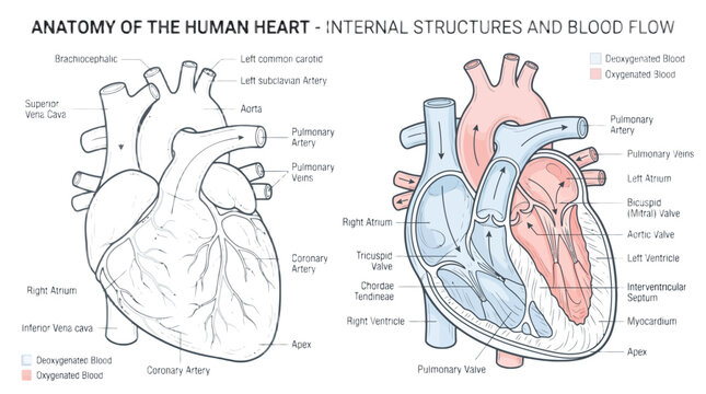Detailed vector illustration of human heart anatomy showing internal structures and blood flow pathways