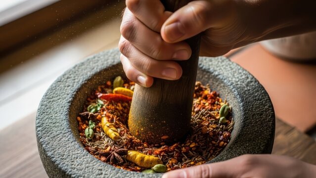Culinary artisan crushing aromatic spices in a stone mortar with a wooden pestle