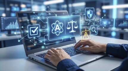 Fototapeta premium Digital Law and Justice Technology Concept with Icons on Laptop Screen