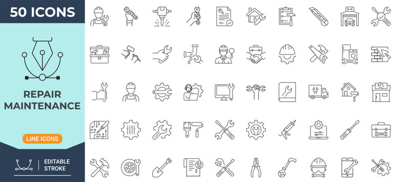 Repair and maintenance icon set. Modern icon in outline style. Collection of maintenance, repair tools, technician, settings, and service symbols. Editable stroke. Vector icon collection.
